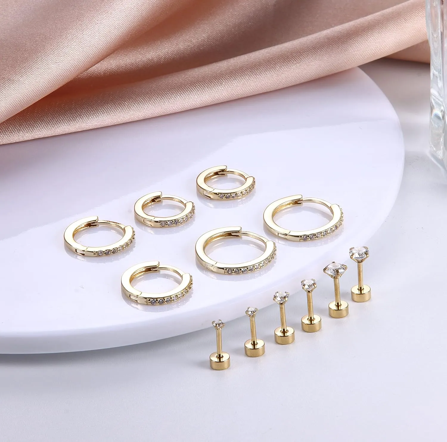 FASACCO Hypoallergenic Flat Back Earrings 14K Gold Cartilage Earring Sets for Multiple Piercing Surgical Stainless Steel Earrings for Women Men Small Huggie Hoop Flatback Stud Earrings