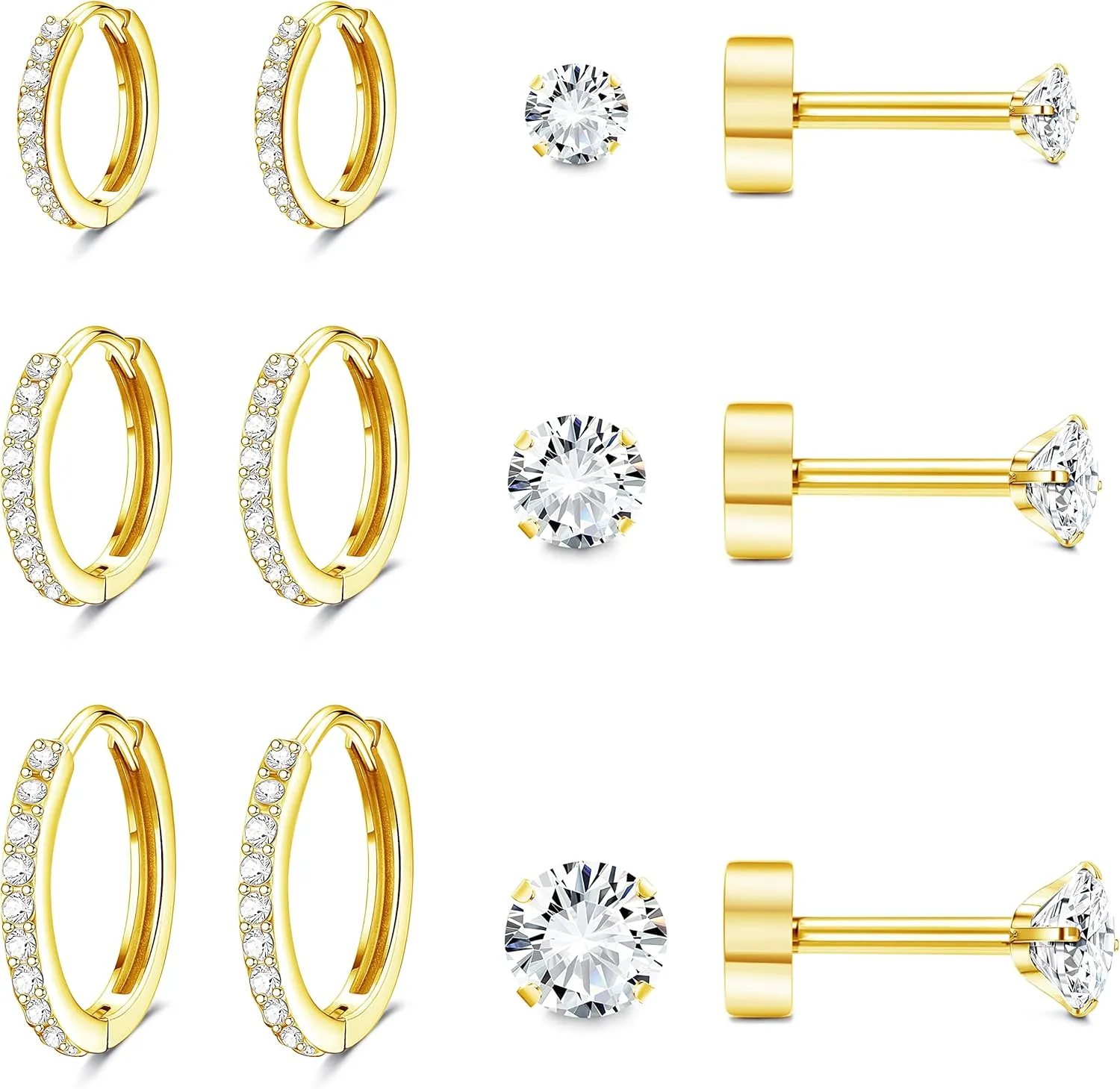 FASACCO Hypoallergenic Flat Back Earrings 14K Gold Cartilage Earring Sets for Multiple Piercing Surgical Stainless Steel Earrings for Women Men Small Huggie Hoop Flatback Stud Earrings