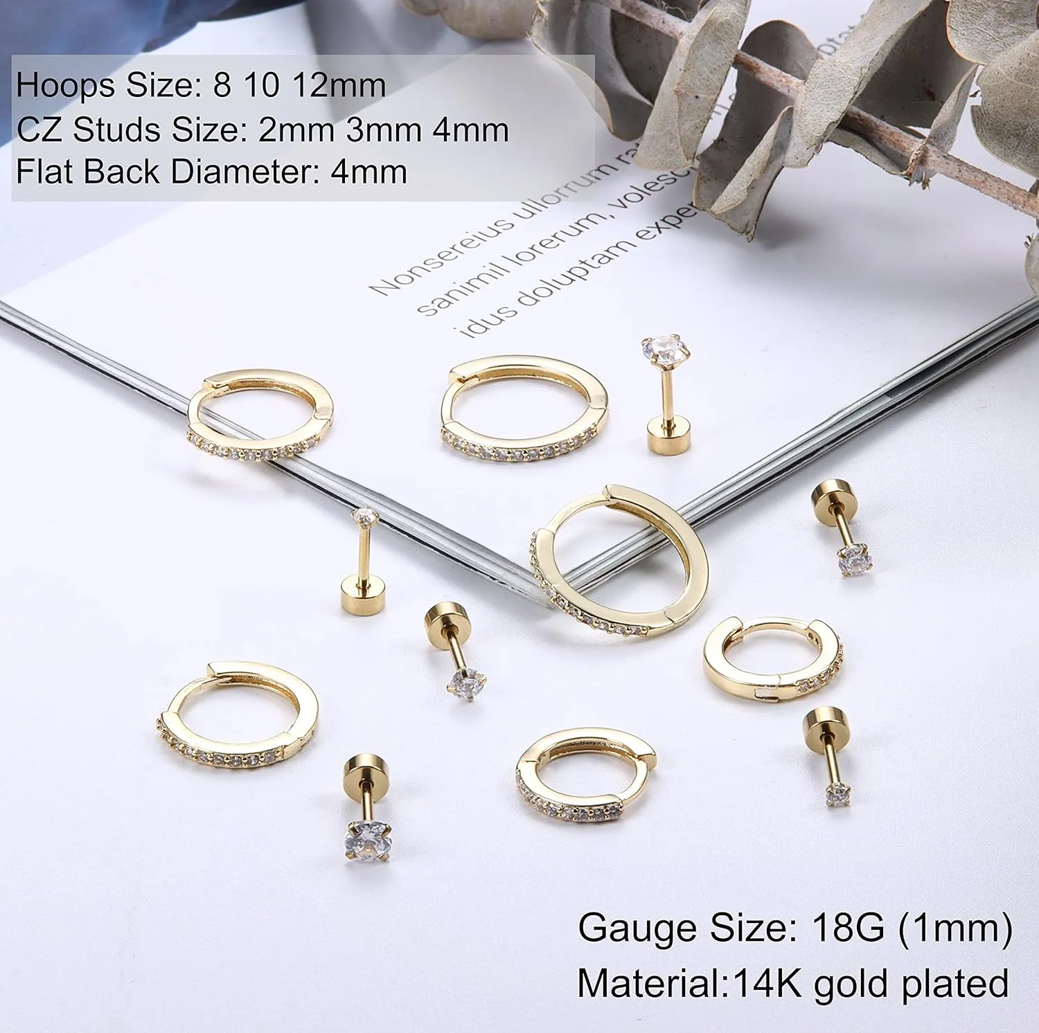FASACCO Hypoallergenic Flat Back Earrings 14K Gold Cartilage Earring Sets for Multiple Piercing Surgical Stainless Steel Earrings for Women Men Small Huggie Hoop Flatback Stud Earrings