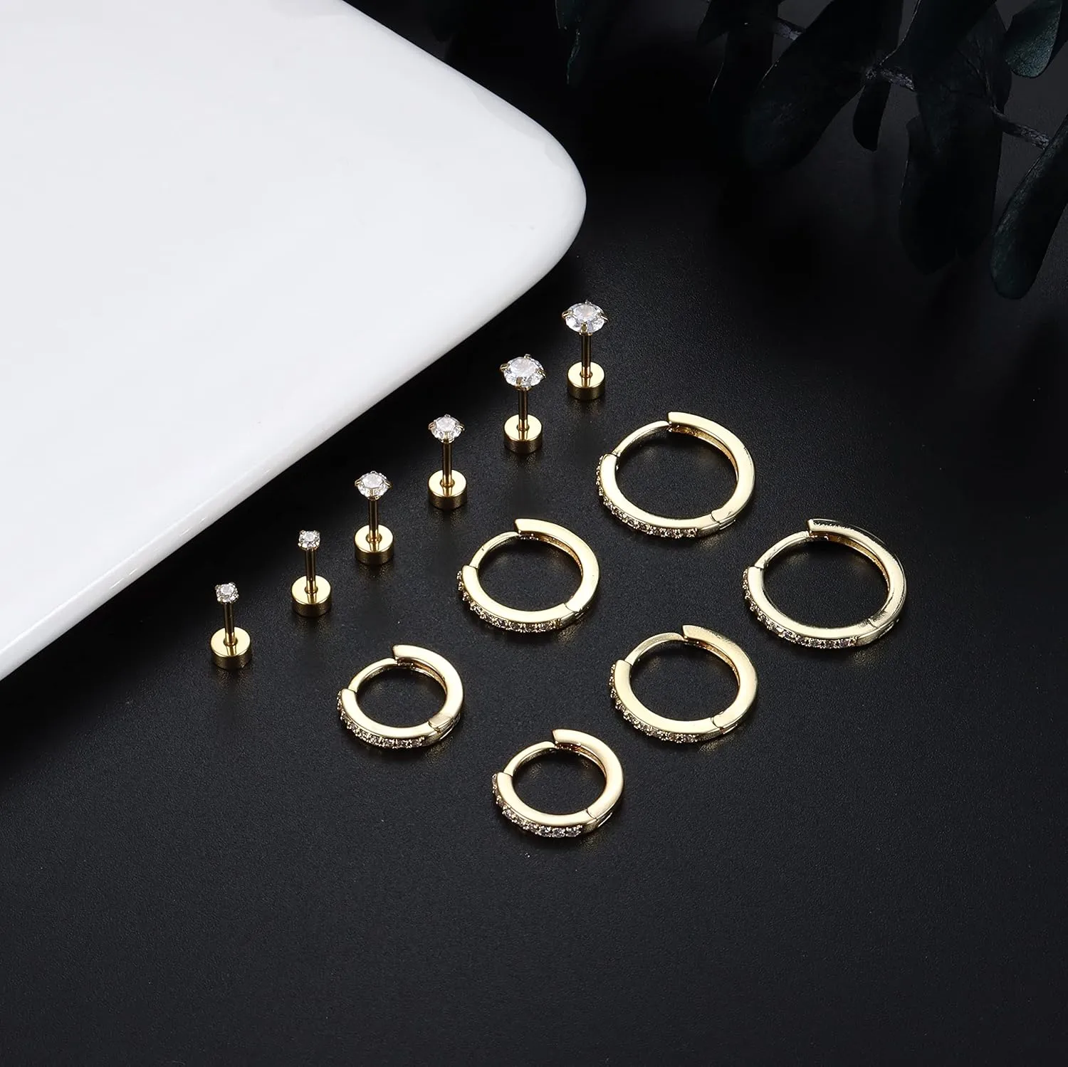 FASACCO Hypoallergenic Flat Back Earrings 14K Gold Cartilage Earring Sets for Multiple Piercing Surgical Stainless Steel Earrings for Women Men Small Huggie Hoop Flatback Stud Earrings