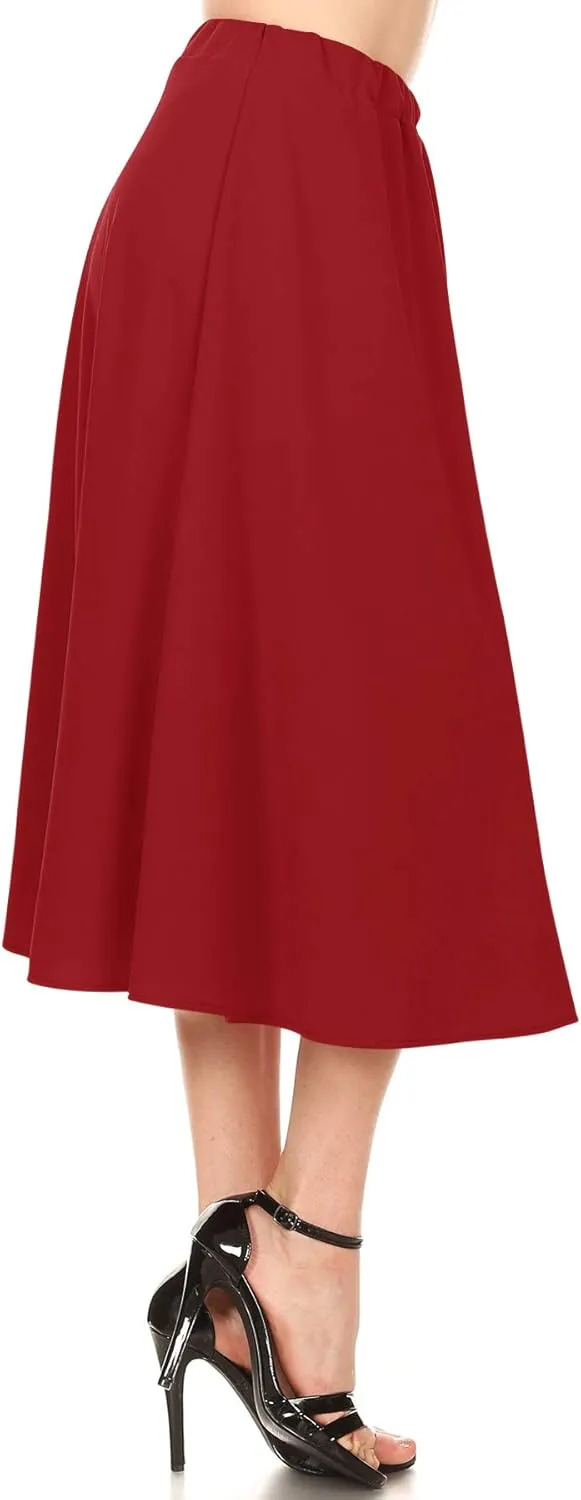 FashionJOA Women's Casual A-Line Pleated High Waist Elastic Band Solid Midi Skirt S-3XL