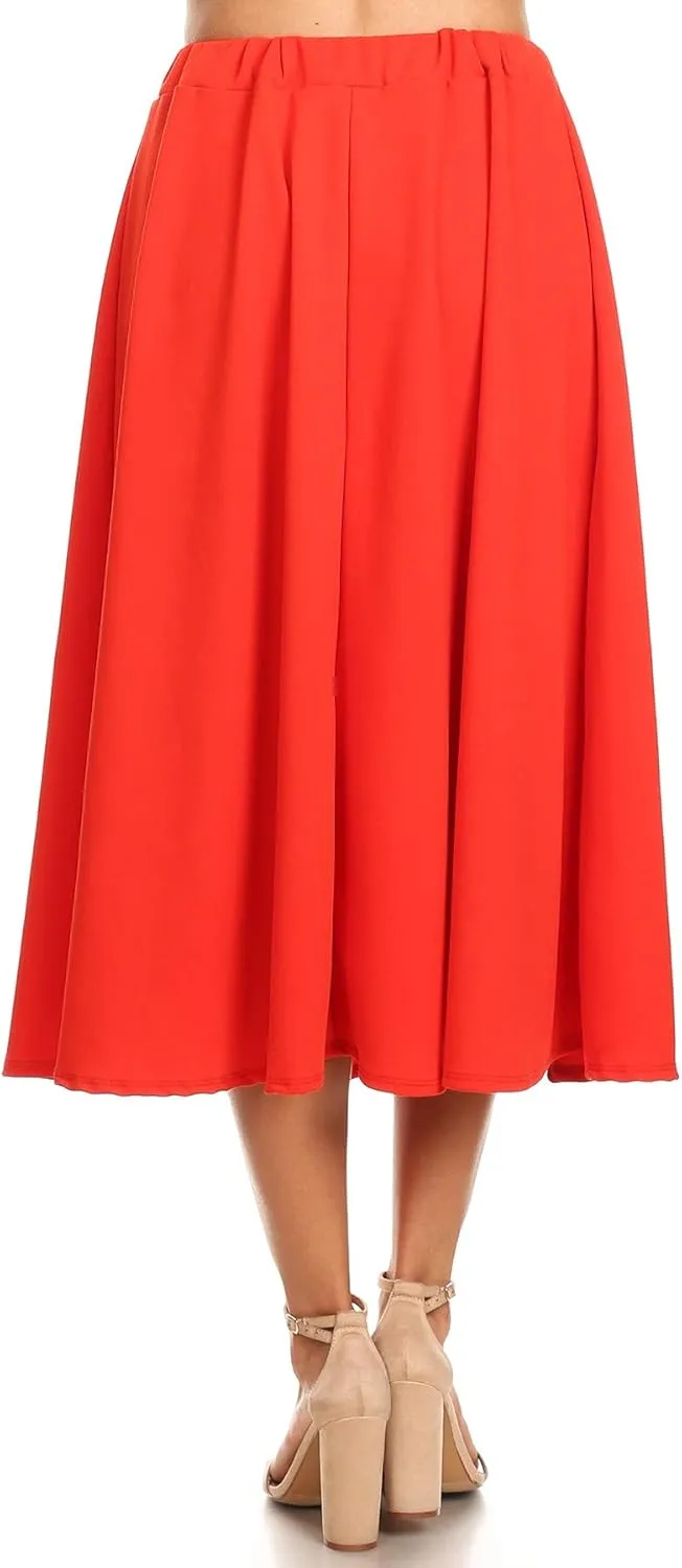 FashionJOA Women's Casual A-Line Pleated High Waist Elastic Band Solid Midi Skirt S-3XL