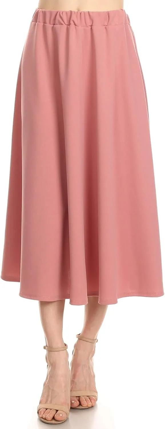 FashionJOA Women's Casual A-Line Pleated High Waist Elastic Band Solid Midi Skirt S-3XL