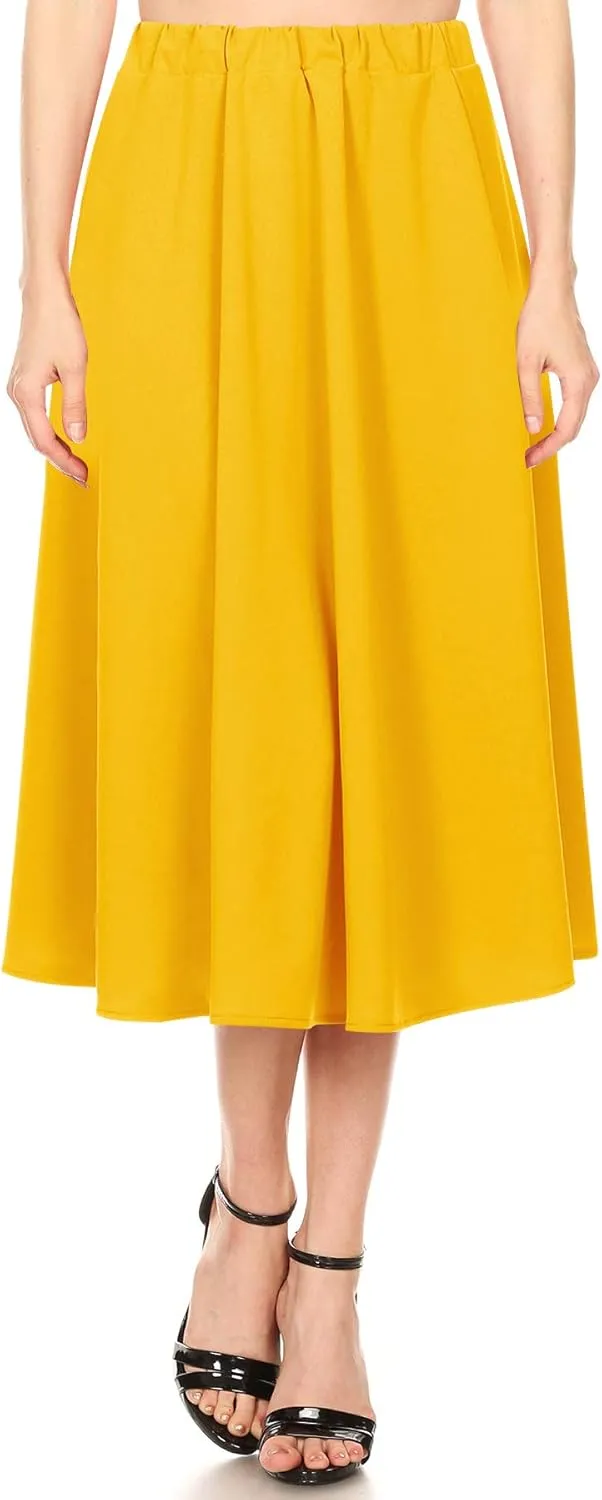 FashionJOA Women's Casual A-Line Pleated High Waist Elastic Band Solid Midi Skirt S-3XL