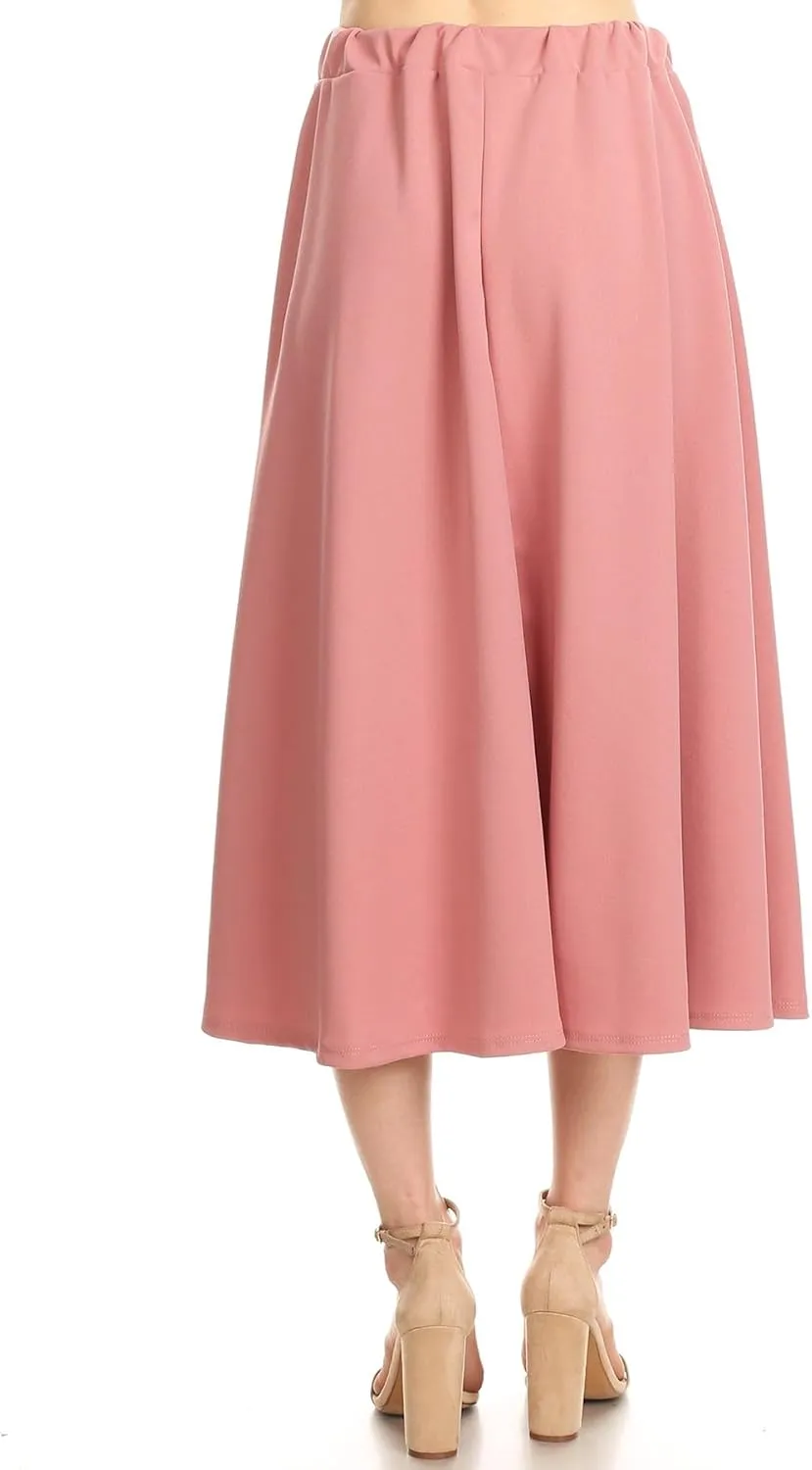 FashionJOA Women's Casual A-Line Pleated High Waist Elastic Band Solid Midi Skirt S-3XL