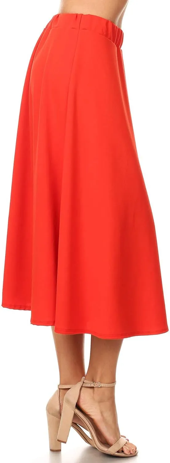FashionJOA Women's Casual A-Line Pleated High Waist Elastic Band Solid Midi Skirt S-3XL