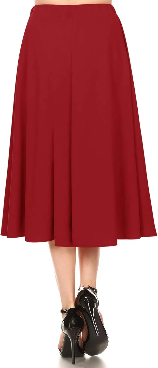 FashionJOA Women's Casual A-Line Pleated High Waist Elastic Band Solid Midi Skirt S-3XL