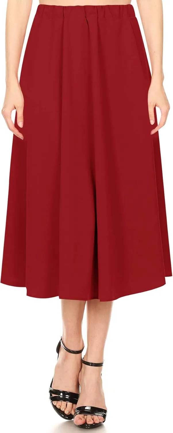 FashionJOA Women's Casual A-Line Pleated High Waist Elastic Band Solid Midi Skirt S-3XL