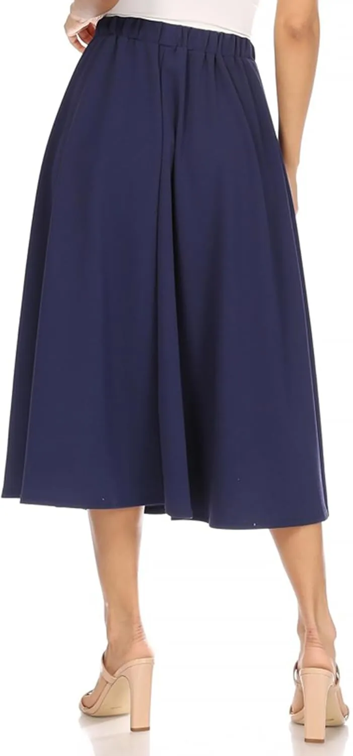 FashionJOA Women's Casual A-Line Pleated High Waist Elastic Band Solid Midi Skirt S-3XL
