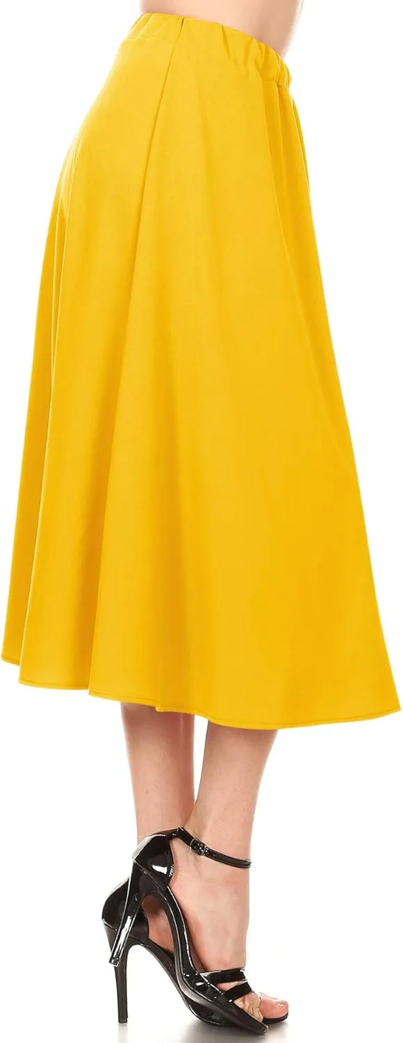 FashionJOA Women's Casual A-Line Pleated High Waist Elastic Band Solid Midi Skirt S-3XL