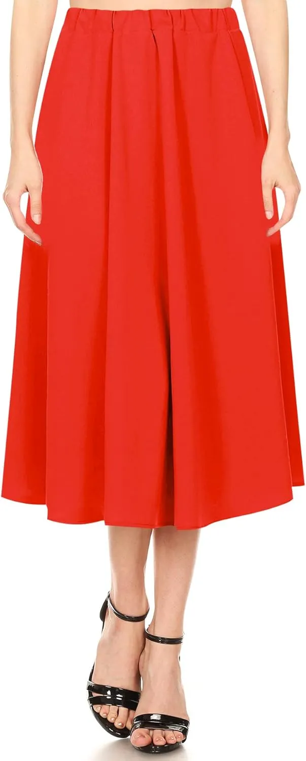 FashionJOA Women's Casual A-Line Pleated High Waist Elastic Band Solid Midi Skirt S-3XL
