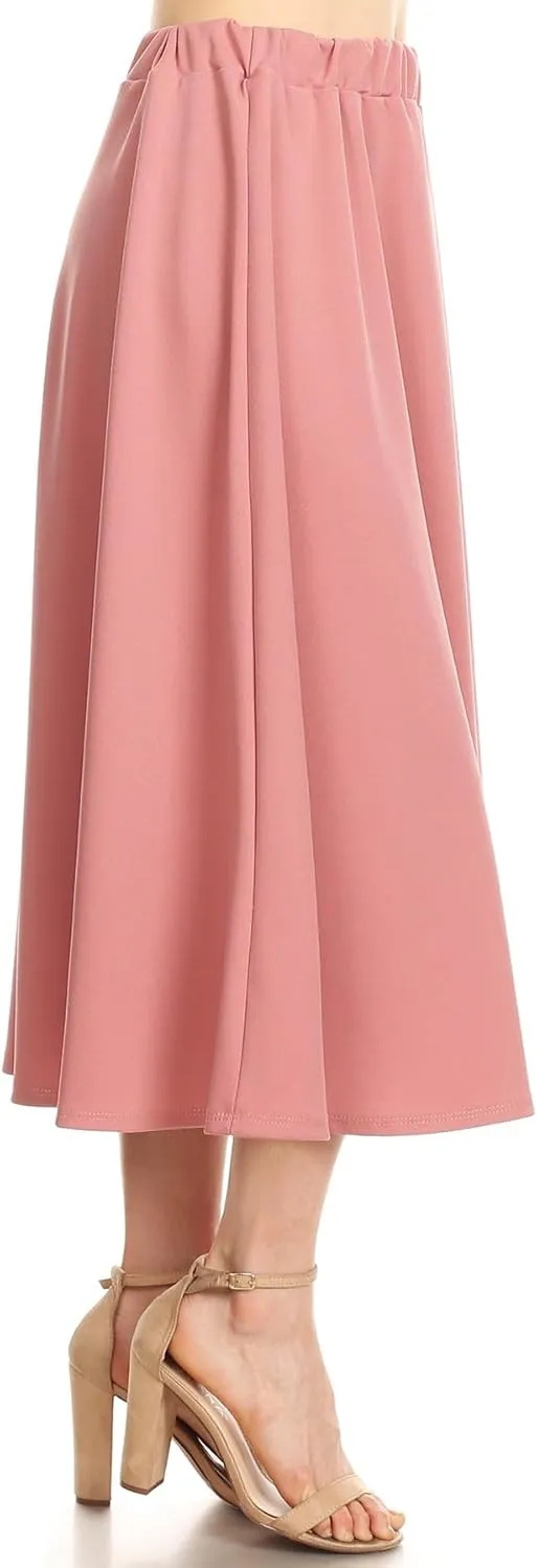 FashionJOA Women's Casual A-Line Pleated High Waist Elastic Band Solid Midi Skirt S-3XL