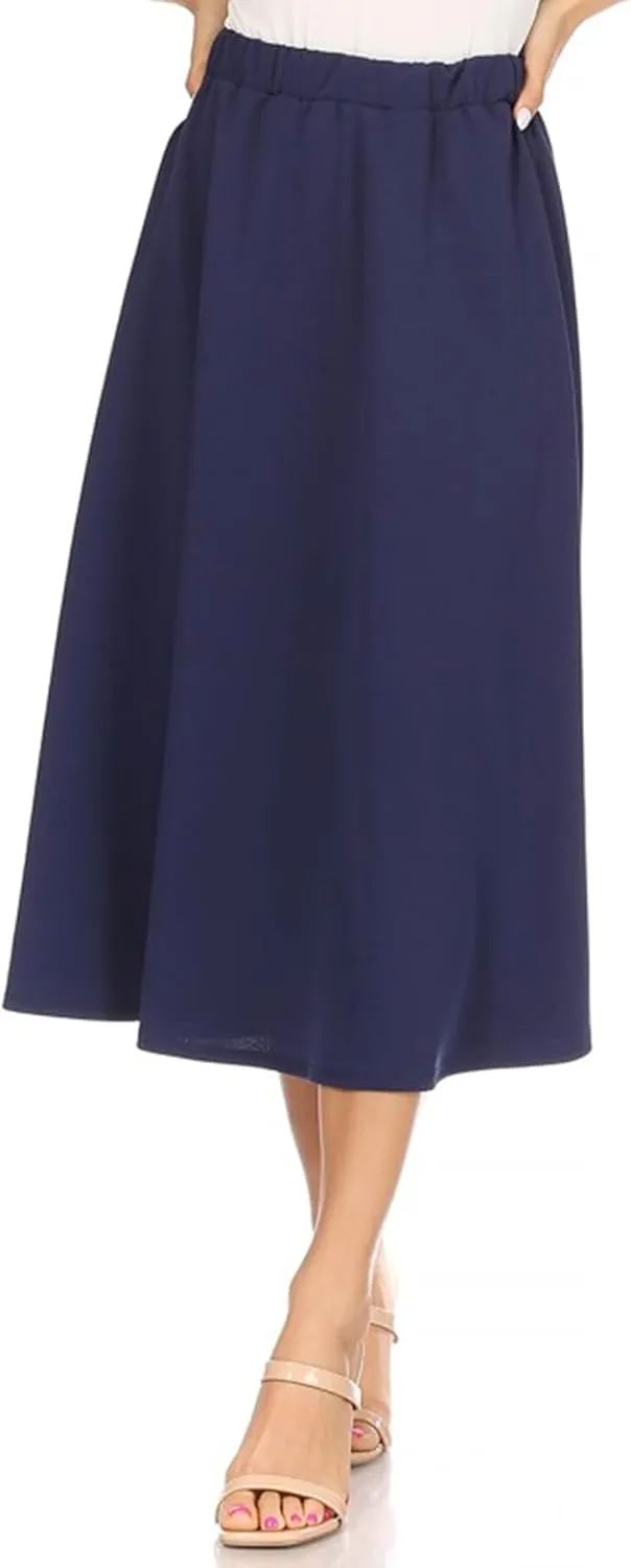 FashionJOA Women's Casual A-Line Pleated High Waist Elastic Band Solid Midi Skirt S-3XL