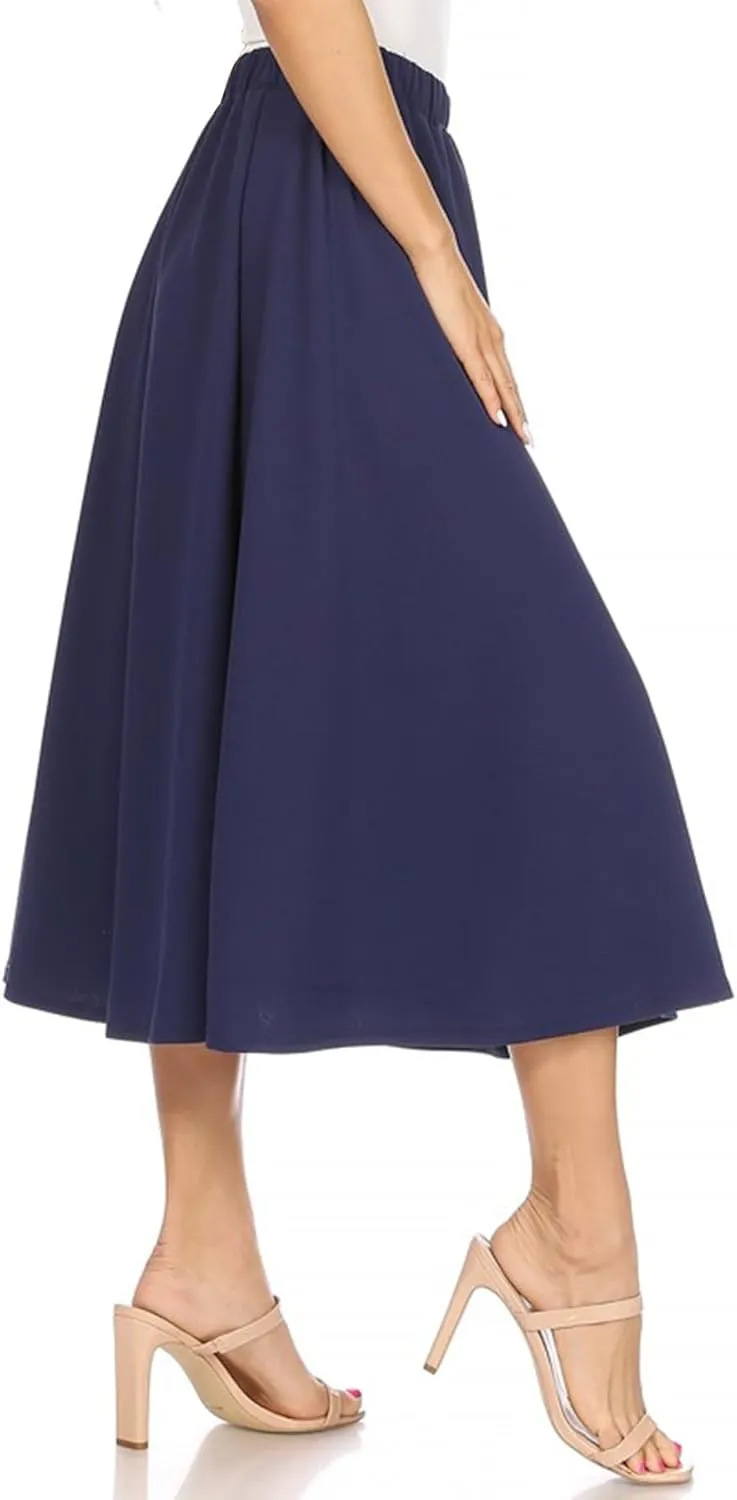 FashionJOA Women's Casual A-Line Pleated High Waist Elastic Band Solid Midi Skirt S-3XL