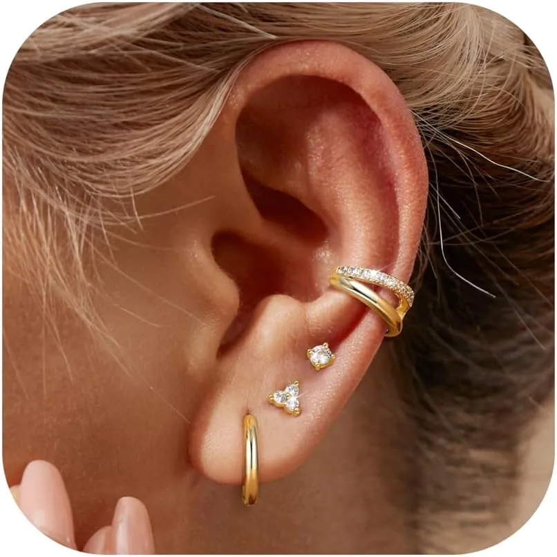 Finrezio Small Gold Hoop Earrings for Women 14K Gold Hypoallergenic Stud Earrings Set Dainty Huggie Cartilage Earrings Set for Multiple Piercing Lightweight Jewelry