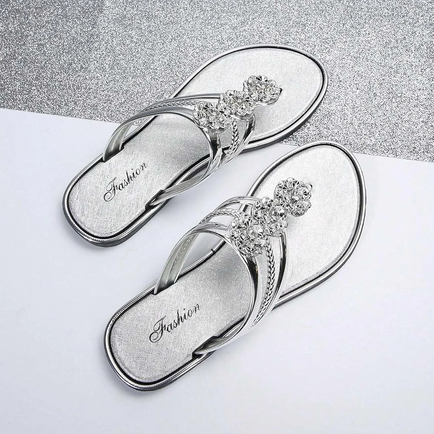Flip Flops for Women Beach Bohemian Rhinestone Flower Beaded Sandals Open Toe Casual 2025 Summer Vacation Shoes