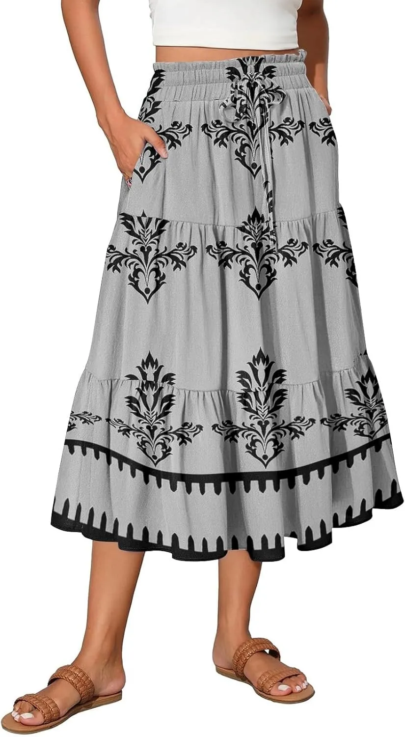 Floral Midi Skirts for Women Summer Tiered Drawstring High Waist Mid Calf Skirts Pleated A-Line Boho Skirt with Pocket
