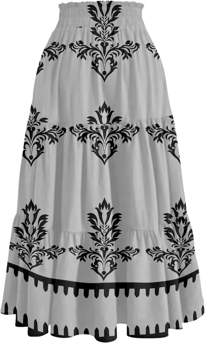 Floral Midi Skirts for Women Summer Tiered Drawstring High Waist Mid Calf Skirts Pleated A-Line Boho Skirt with Pocket