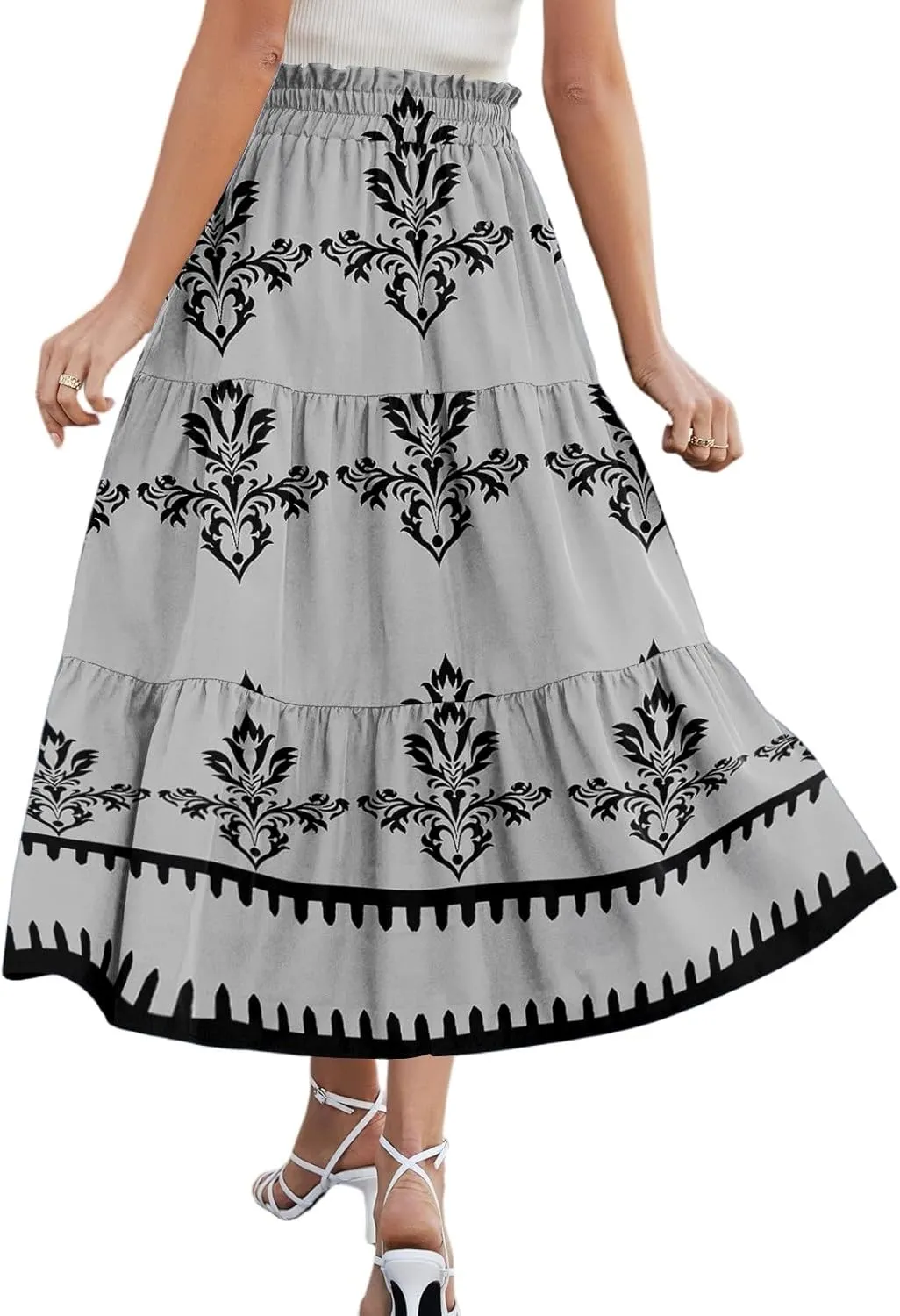 Floral Midi Skirts for Women Summer Tiered Drawstring High Waist Mid Calf Skirts Pleated A-Line Boho Skirt with Pocket