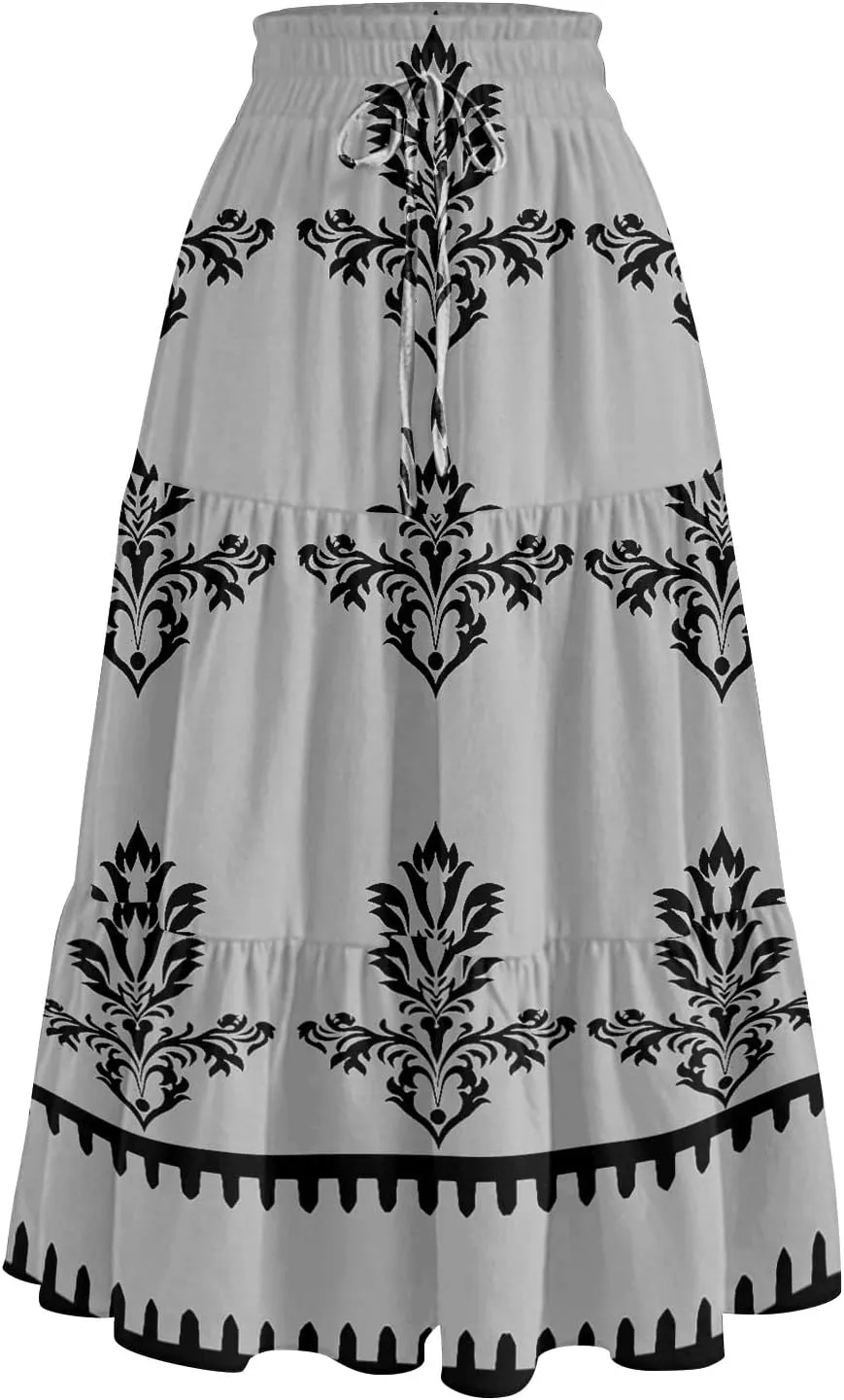 Floral Midi Skirts for Women Summer Tiered Drawstring High Waist Mid Calf Skirts Pleated A-Line Boho Skirt with Pocket