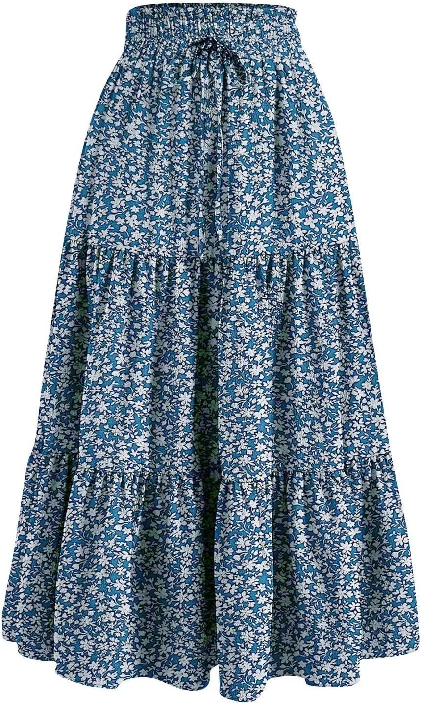Floral Skirts for Women High Waist Tiered A Line Skirt Drawstring Waist Maxi Long Skirt Flowy Beach Pleated Skirts