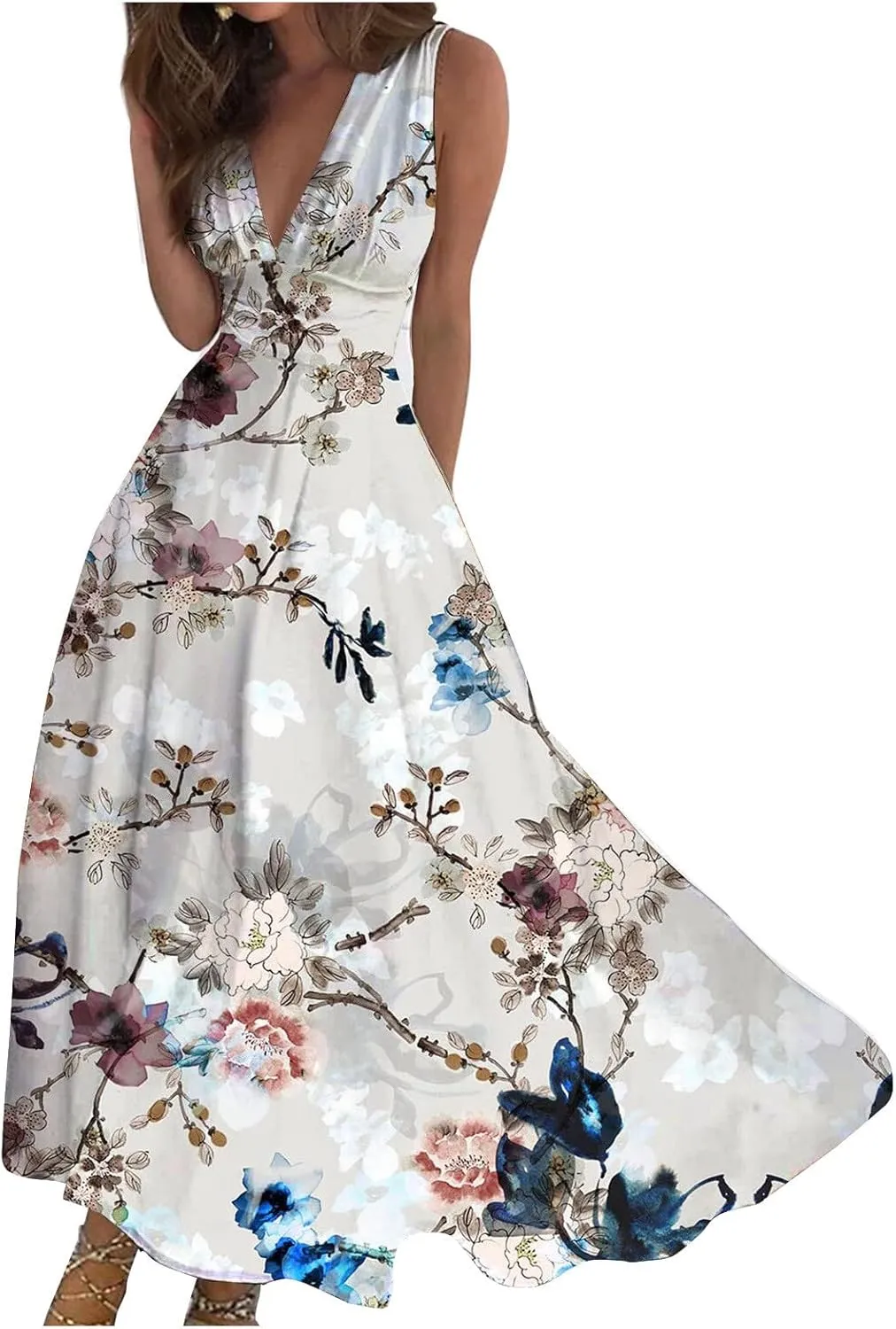 Flowy Dresses for Women Deep V Neck Cute Sleeveless Long Dress Elegant Sexy Floral Dresses Swing Maxi Casual Dress