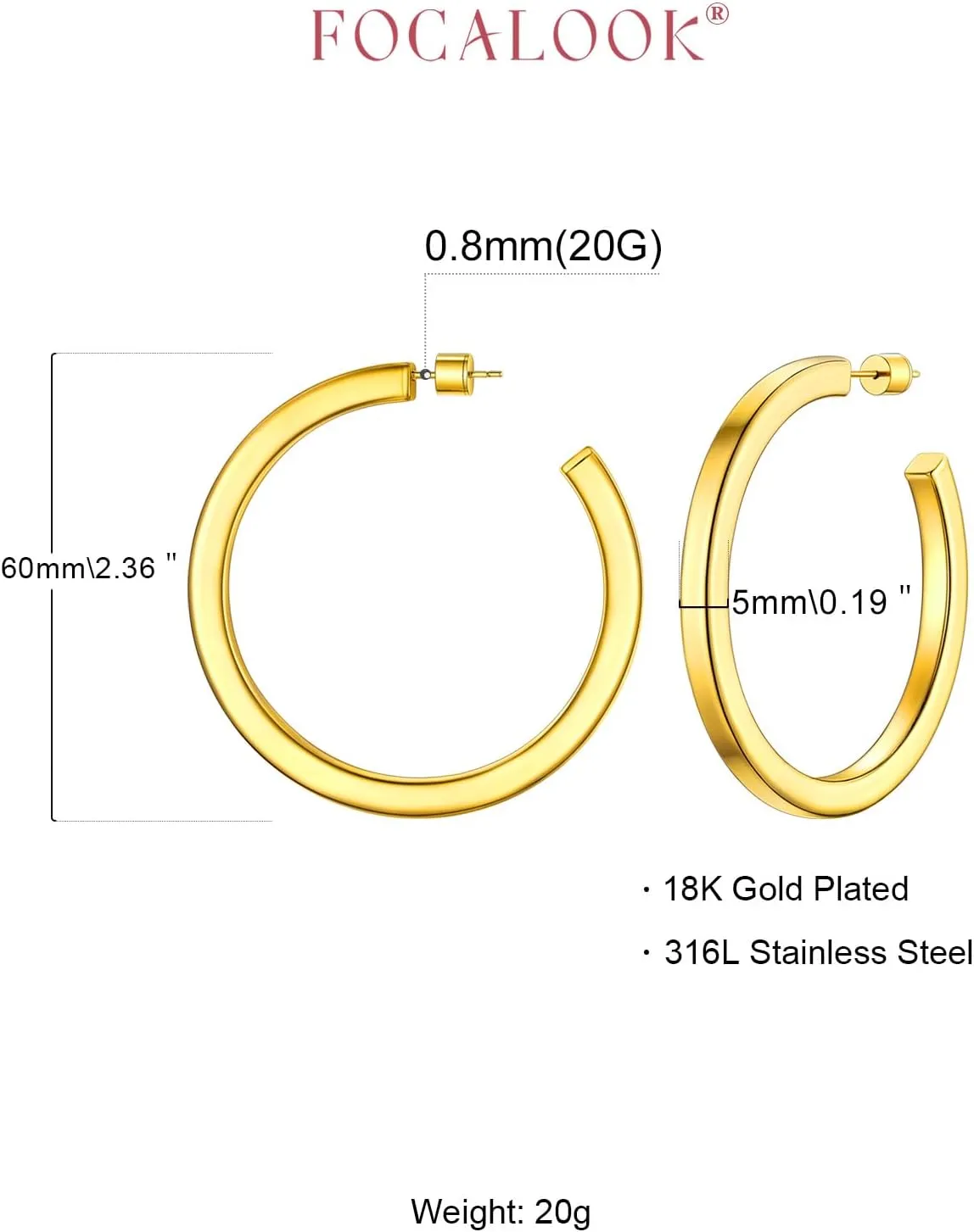 FOCALOOK Hoop Earrings for Women, Lightweight Silver/Black/Gold Plated Chunky Open Hoop Earrings(30, 40, 60, 80mm)