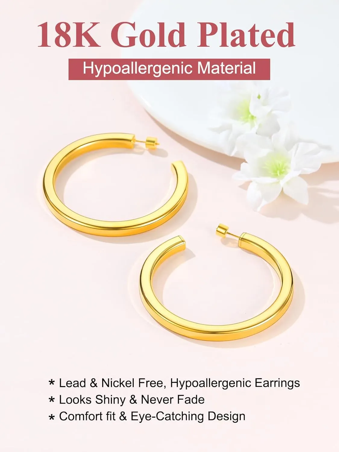 FOCALOOK Hoop Earrings for Women, Lightweight Silver/Black/Gold Plated Chunky Open Hoop Earrings(30, 40, 60, 80mm)
