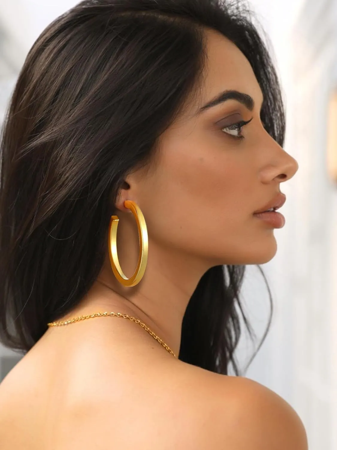 FOCALOOK Hoop Earrings for Women, Lightweight Silver/Black/Gold Plated Chunky Open Hoop Earrings(30, 40, 60, 80mm)