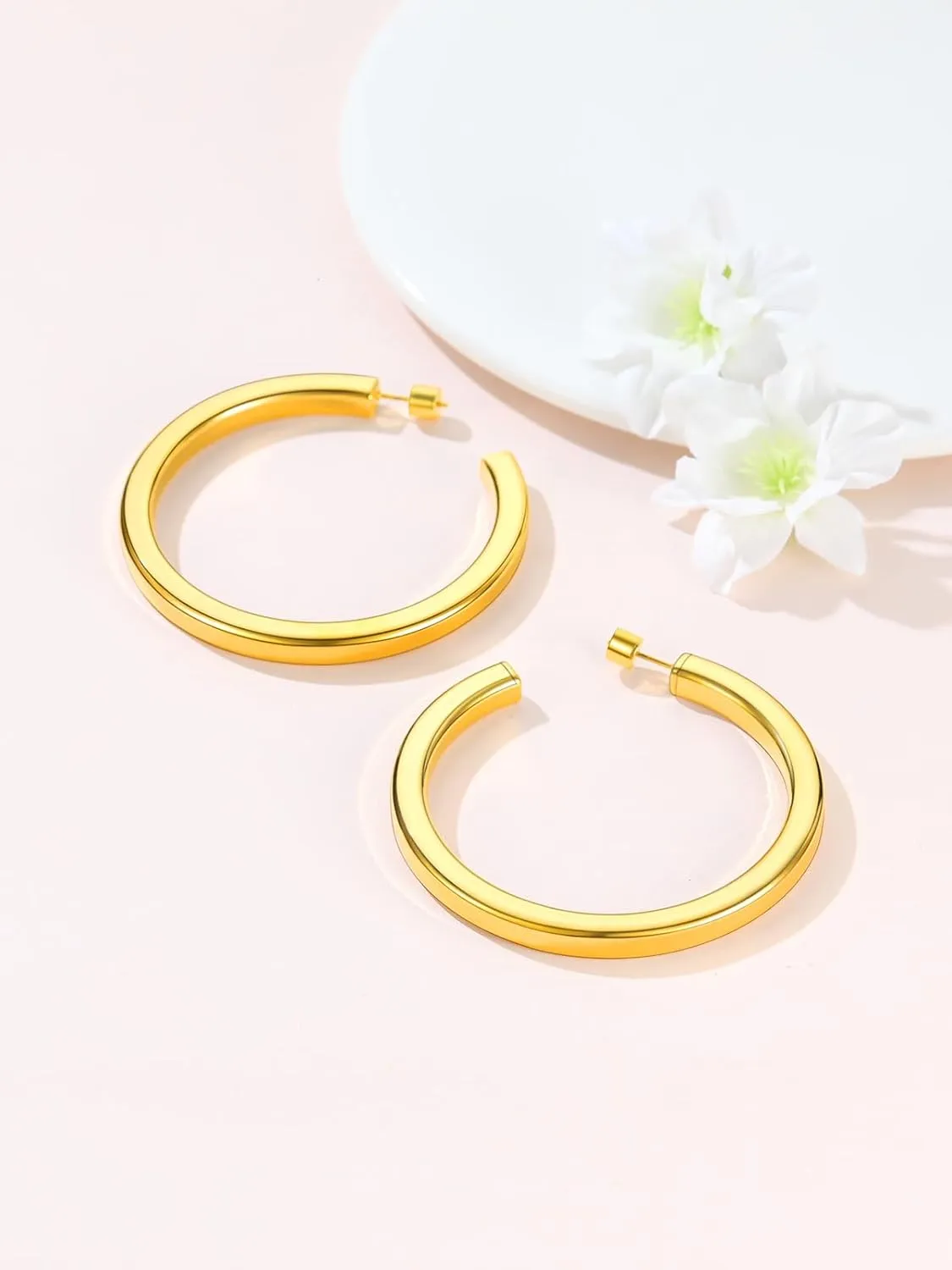 FOCALOOK Hoop Earrings for Women, Lightweight Silver/Black/Gold Plated Chunky Open Hoop Earrings(30, 40, 60, 80mm)