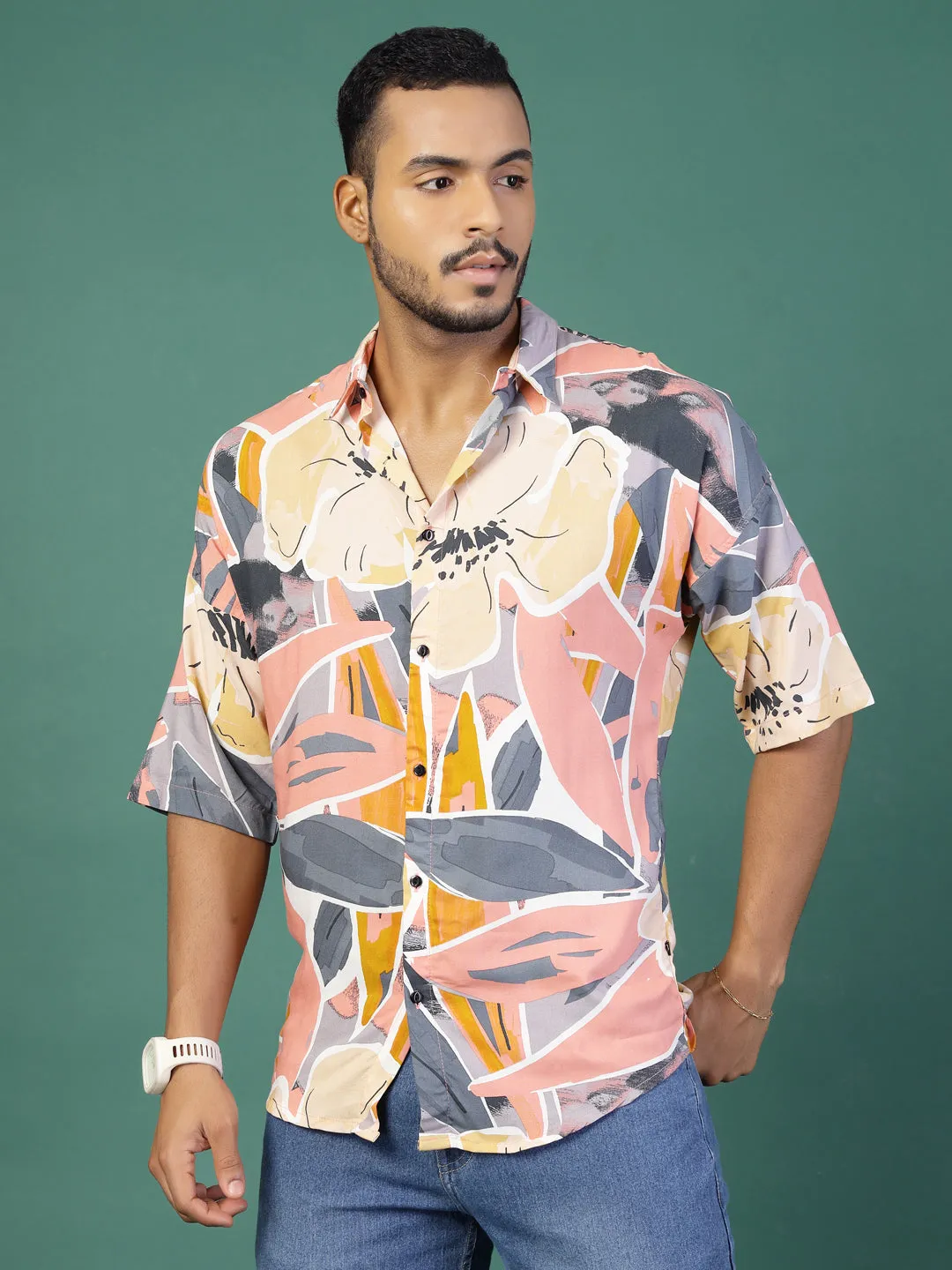 Foliage Print Oversized Rayon Shirt