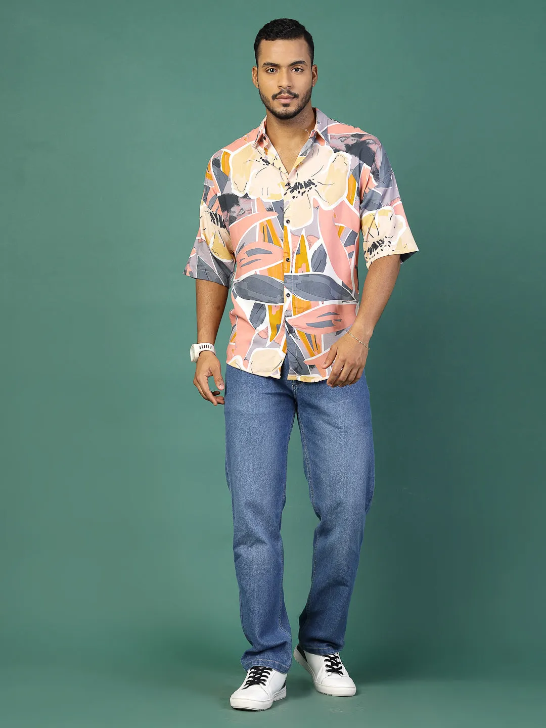 Foliage Print Oversized Rayon Shirt