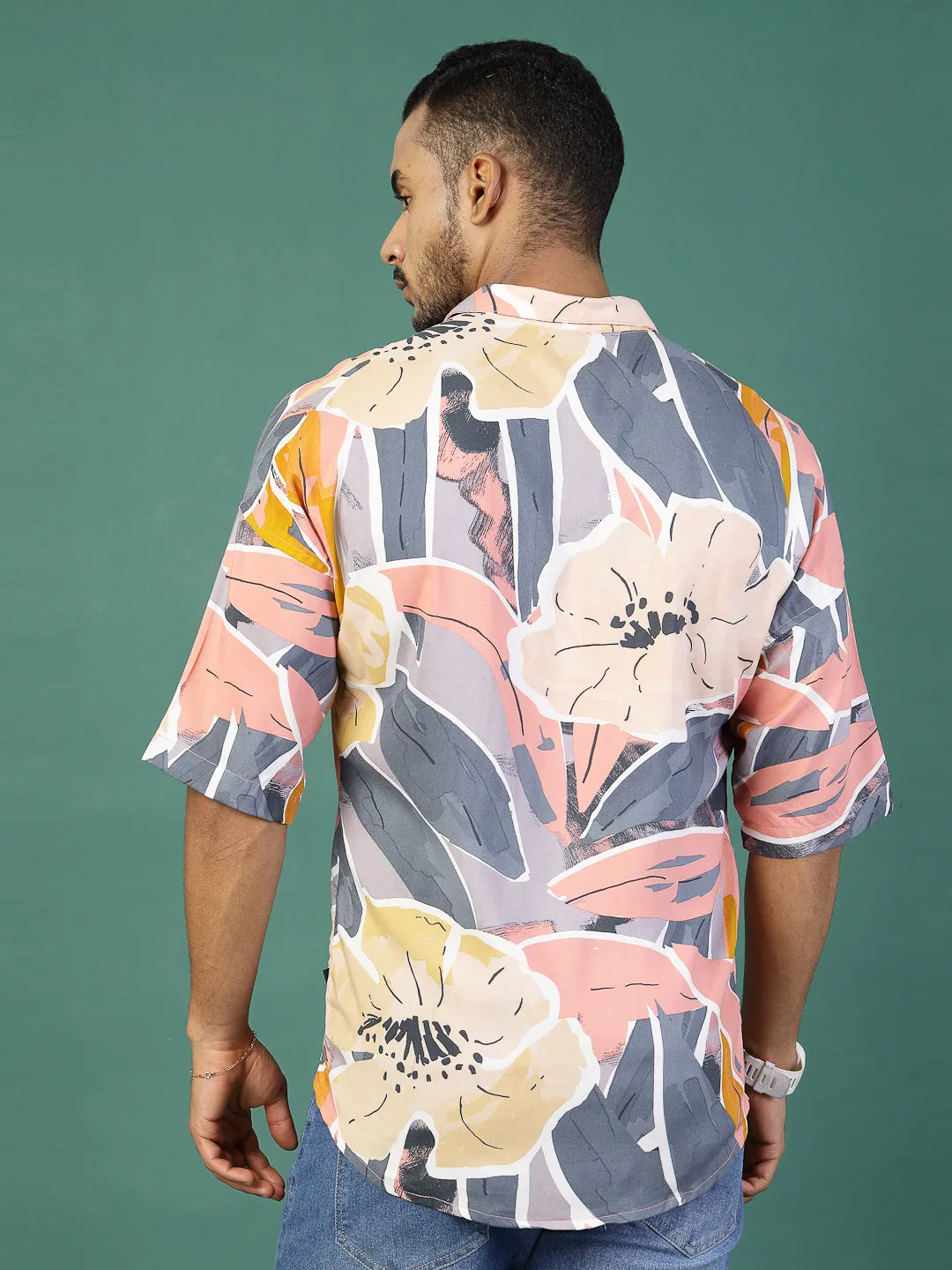 Foliage Print Oversized Rayon Shirt