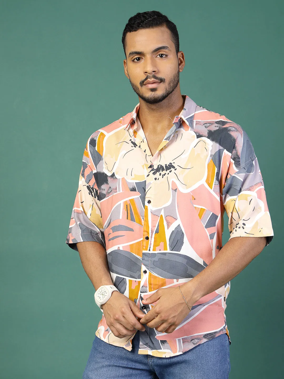 Foliage Print Oversized Rayon Shirt