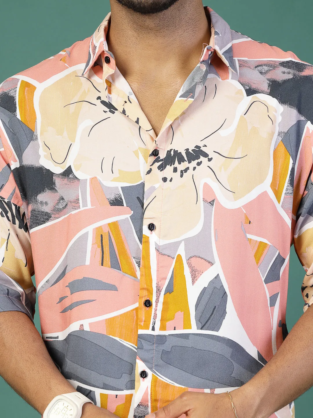 Foliage Print Oversized Rayon Shirt