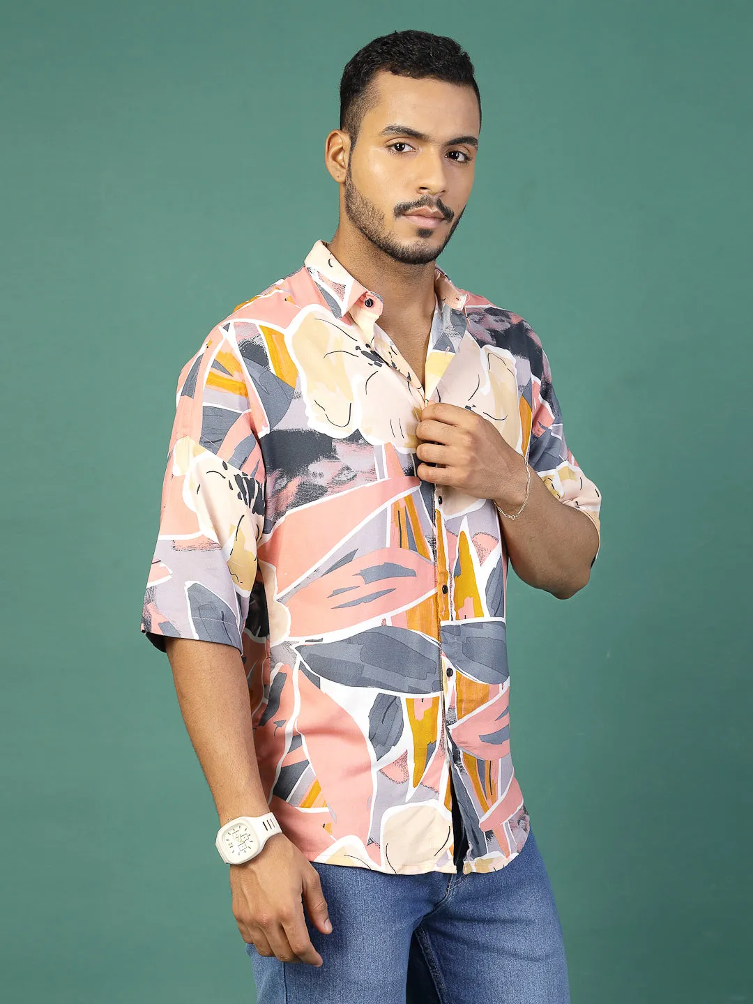 Foliage Print Oversized Rayon Shirt