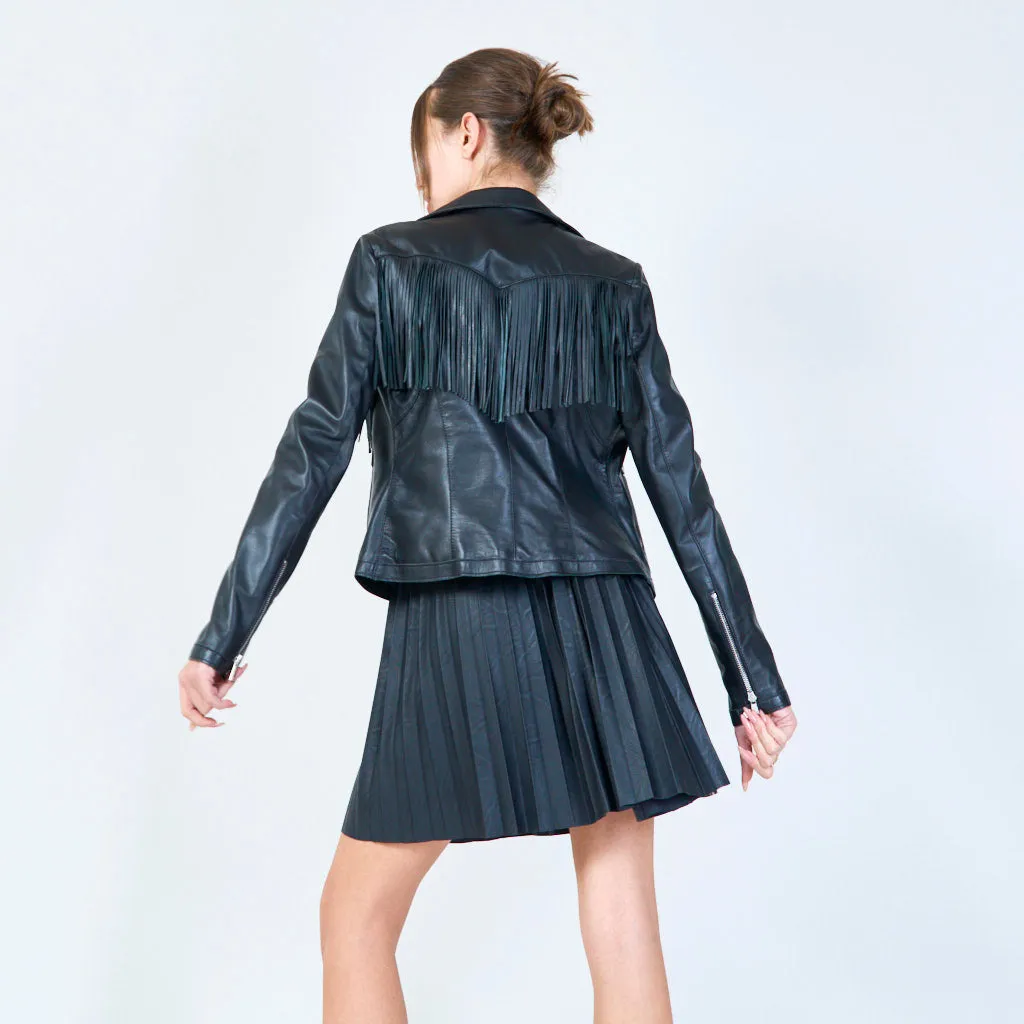 Fringed leather biker jacket with zip details wholesale