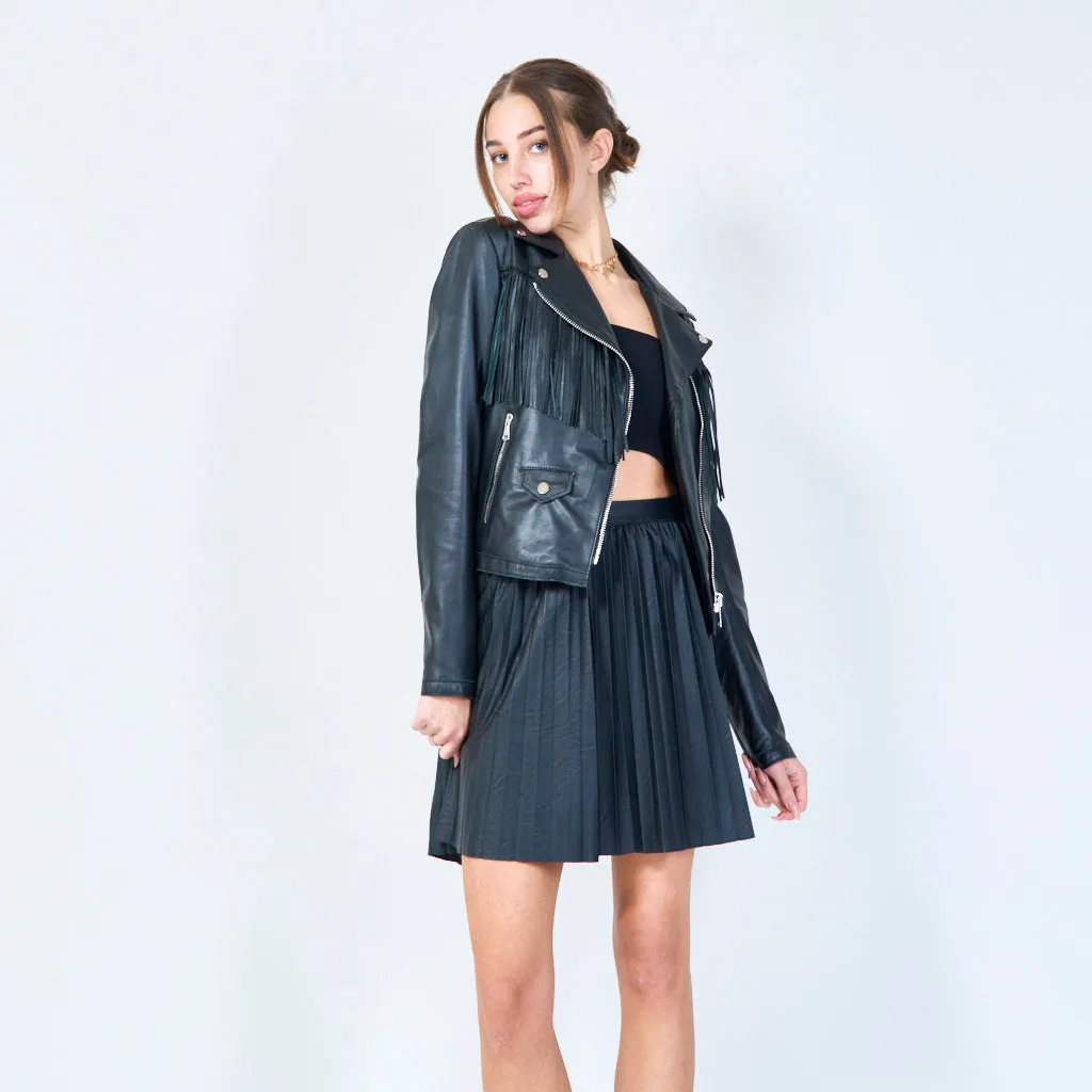 Fringed leather biker jacket with zip details wholesale
