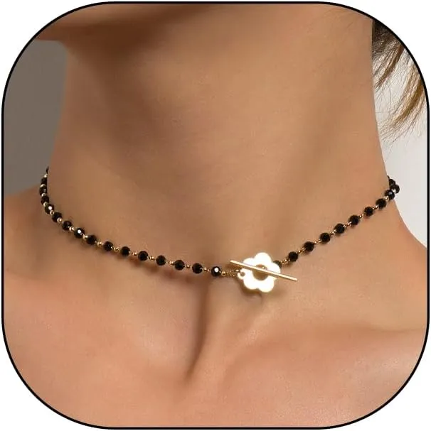 GIGB PBDK 14K Gold Flower Choker Necklace, Black Crystal Bead Thin Chain Short Necklace, Fashion OT Buckle Bohemian Jewelry Gift For Women