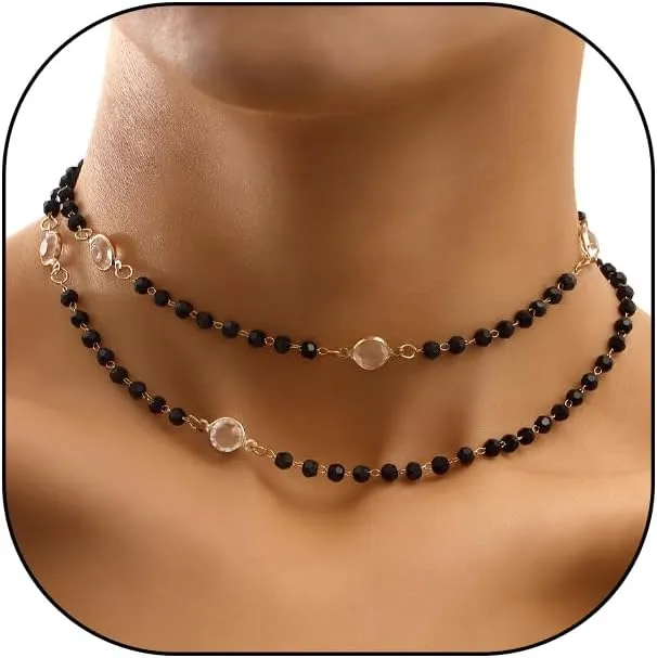 GIGB PBDK Black Double Layer Crystal Bead Choker Necklace, Gold Thin Chain Adjustable Short Collar Necklace, Trendy Dainty Simple Jewelry Gift for Women