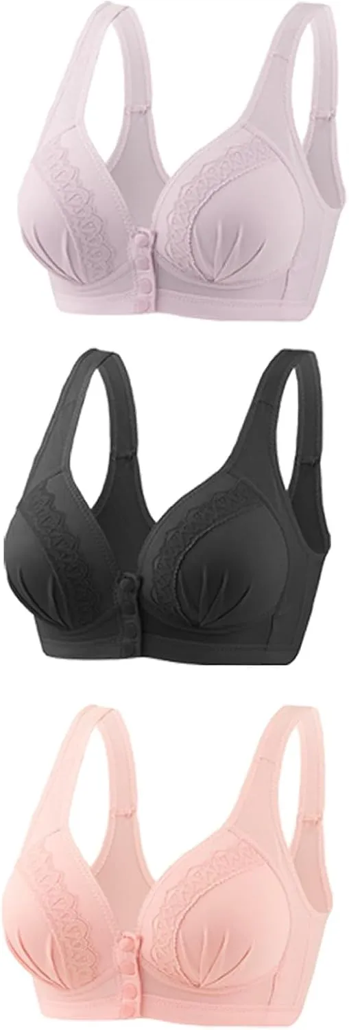Glamorette Snap Front Bra for Older Women - Sexy Lace Embroidered Pull-On Front Closure Button Bra