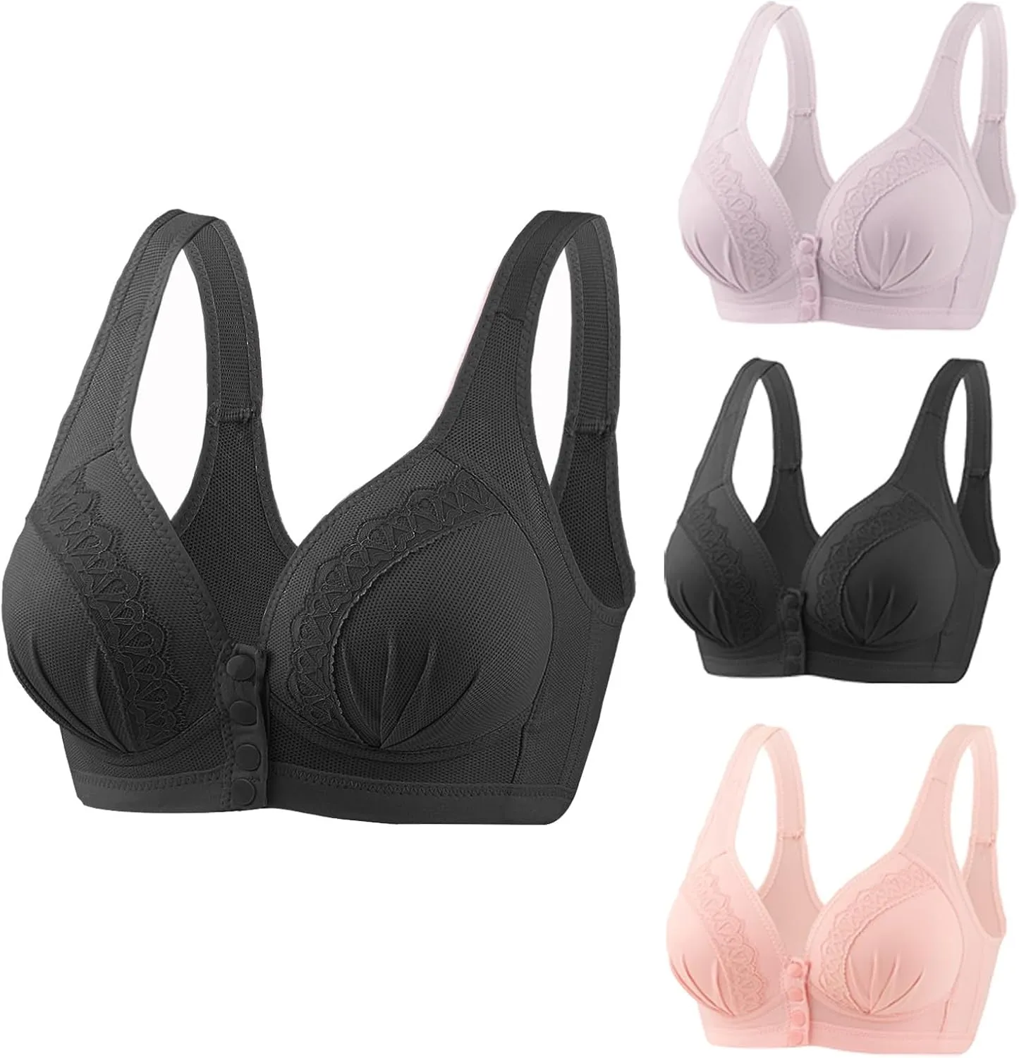 Glamorette Snap Front Bra for Older Women - Sexy Lace Embroidered Pull-On Front Closure Button Bra