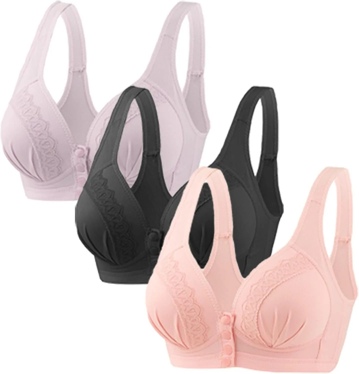 Glamorette Snap Front Bra for Older Women - Sexy Lace Embroidered Pull-On Front Closure Button Bra
