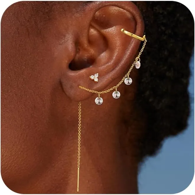 Gold Earrings - Women's Trendy 14K Gold Hoop Set for Multiple Piercing, Dainty Dangle Huggie & Cartilage Cubic Zirconia Stud Earrings