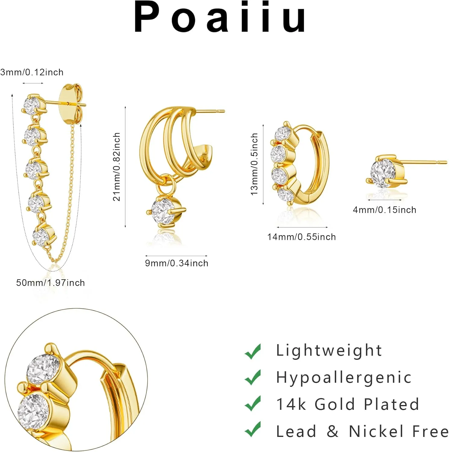 Gold Earrings - Women's Trendy 14K Gold Hoop Set for Multiple Piercing, Dainty Dangle Huggie & Cartilage Cubic Zirconia Stud Earrings