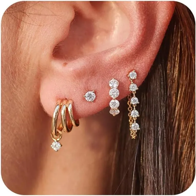 Gold Earrings - Women's Trendy 14K Gold Hoop Set for Multiple Piercing, Dainty Dangle Huggie & Cartilage Cubic Zirconia Stud Earrings