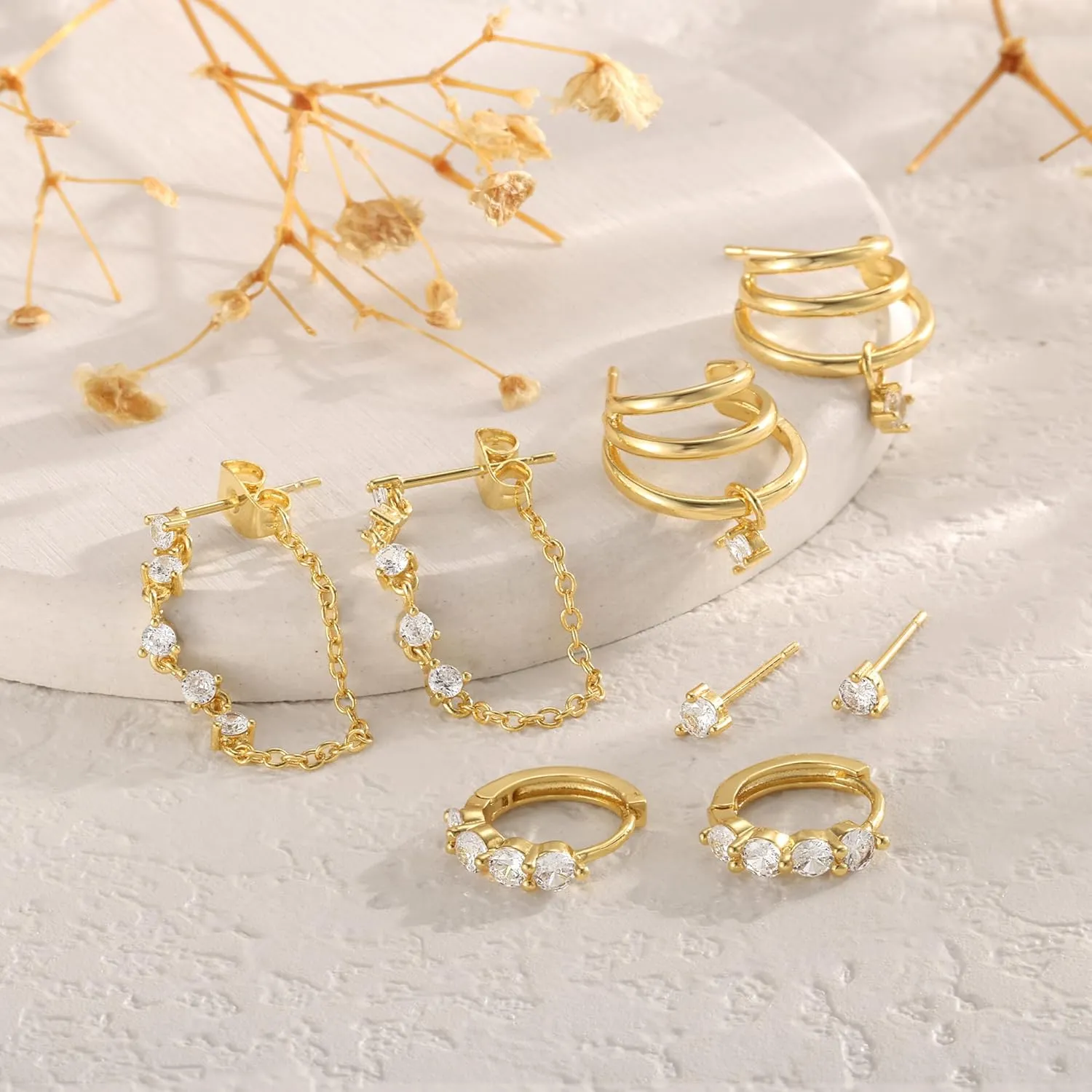 Gold Earrings - Women's Trendy 14K Gold Hoop Set for Multiple Piercing, Dainty Dangle Huggie & Cartilage Cubic Zirconia Stud Earrings