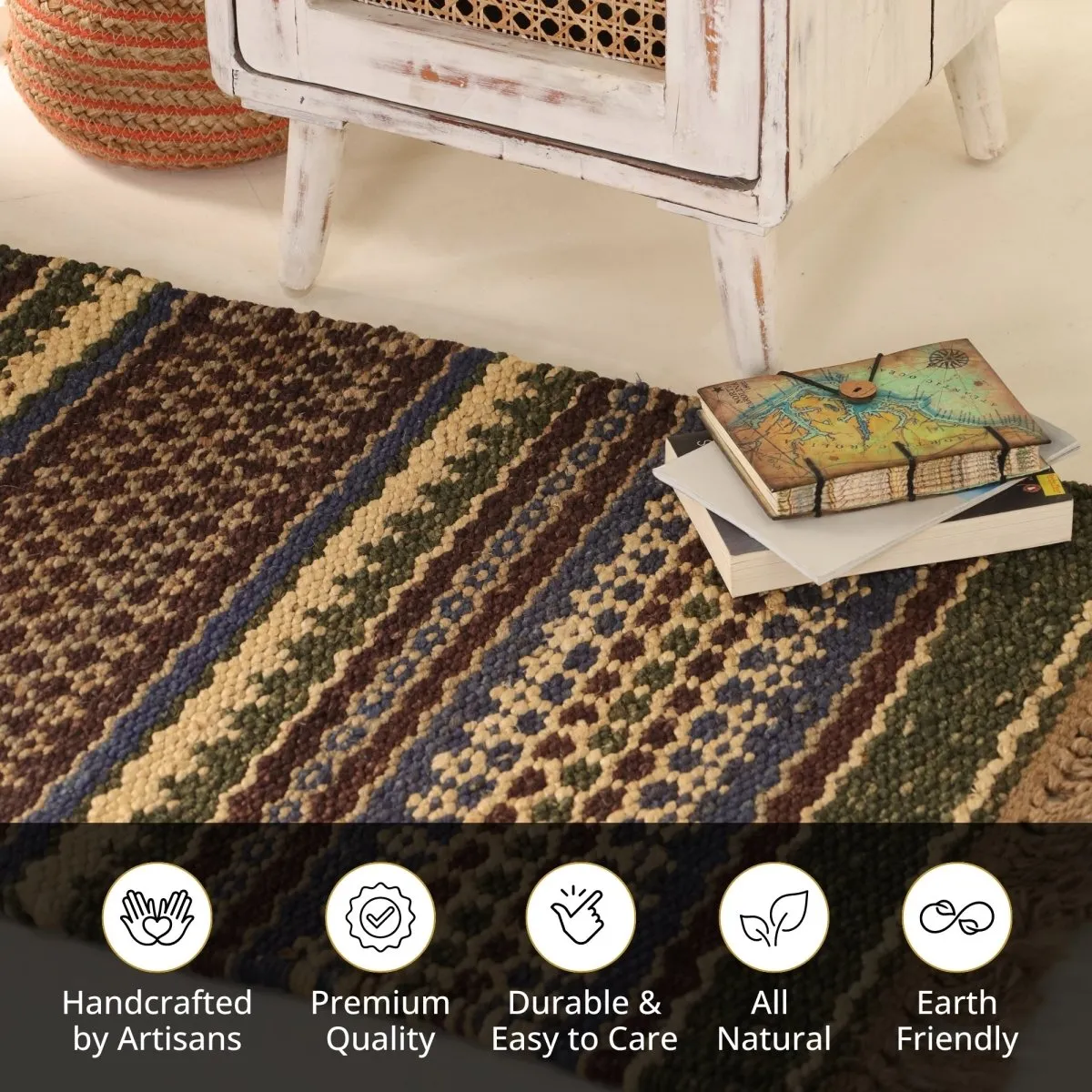 Green Sustainable Floor Rug In 2 x 3 ft | Geometric Pattern | Handcrafted In India