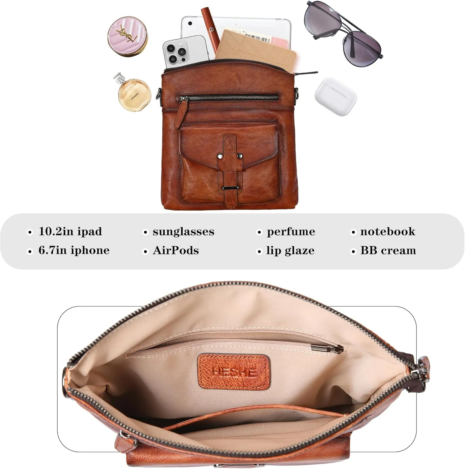HESHE Leather Crossbody Bags for Women Satchel Purses Shoulder Purses and Handbags Cross Body Bag with Multi Pockets