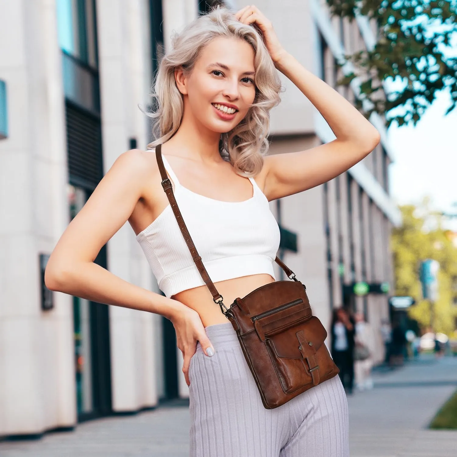 HESHE Leather Crossbody Bags for Women Satchel Purses Shoulder Purses and Handbags Cross Body Bag with Multi Pockets